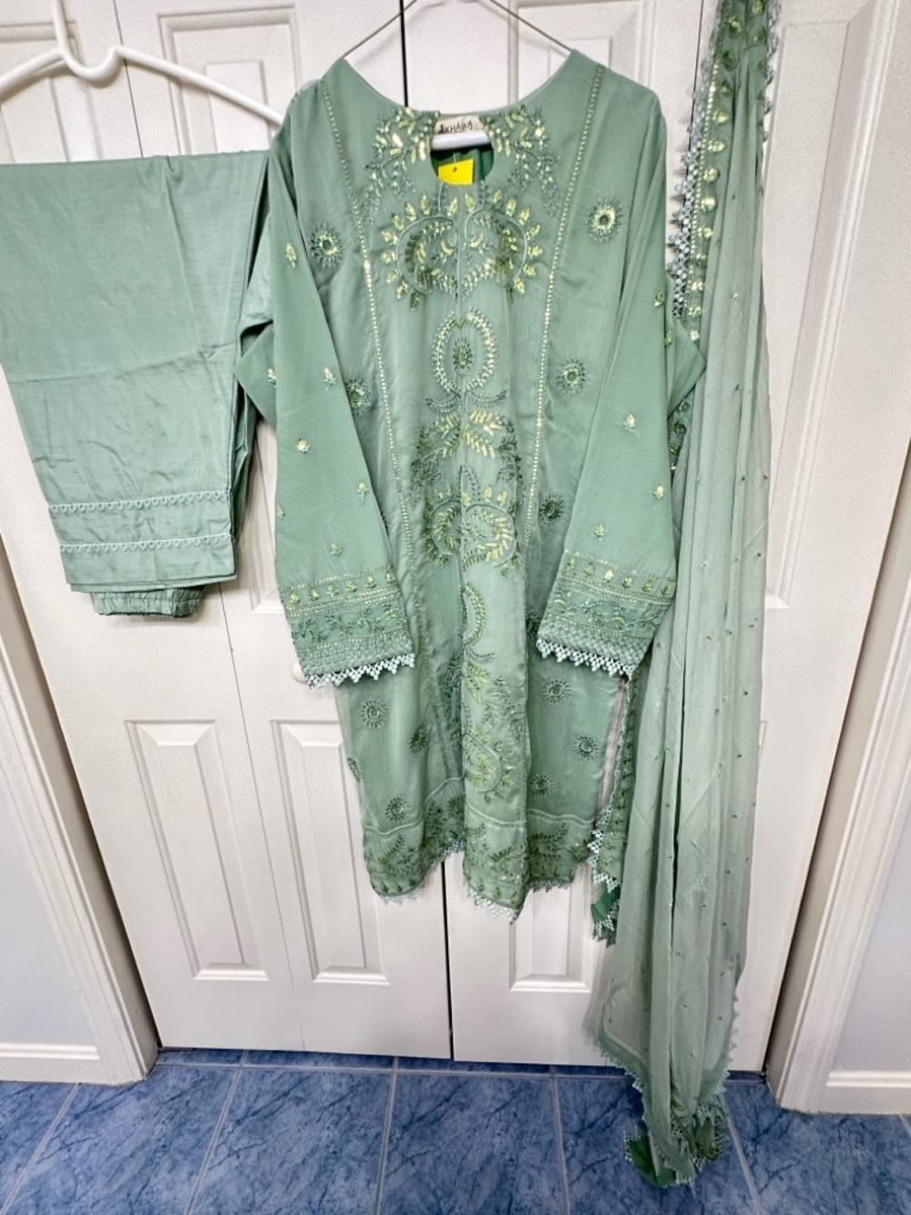 Merikesh luxury chiffon Embroidered Mint Green Salwar Kameez Set 22”